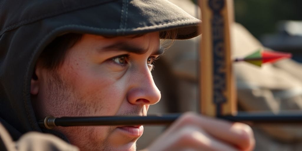 Archer aiming with bow and arrow in outdoor setting.