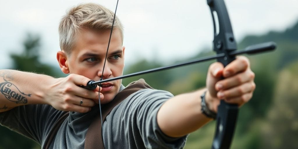 Archer aiming a compound bow in a natural setting.