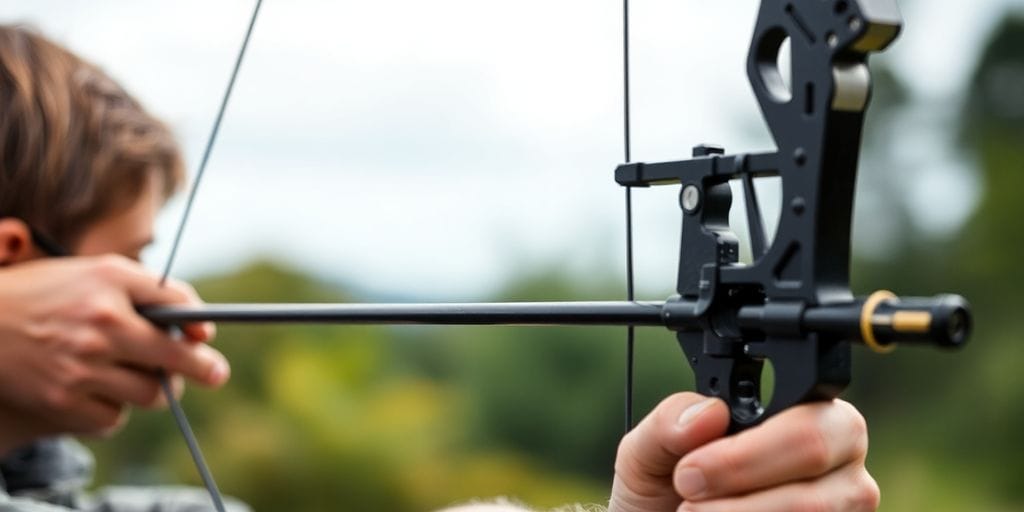 Archer aiming a compound bow in a natural setting.