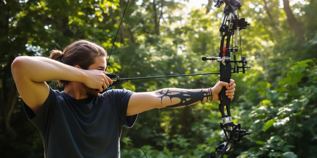 Archer showing how to shoot a compound bow in a lush green setting